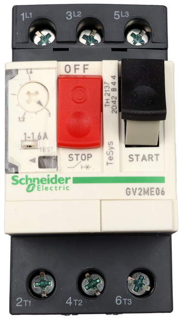 1L1 
 3L2 
 5 L3 
 OFF 
 TH 2137 
 20:42 B 4 4 
 1.2 
 1-1.6 A 
 TES 
 STOP 
 START 
 1* 
 TeSys 
 Schneider 
 JElectric 
 GV2ME06 
 2T1 
 4 T2 
 6T3