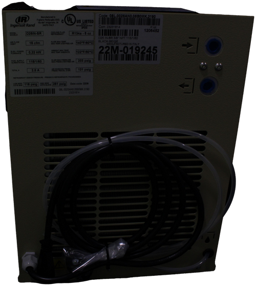 Manufactured In 
 UL 
 Code: 08L.0025ANO.06BOMK.3190 
 ogliano Redipuglia (GO) C 
 Ingersoll Rand 
 Via dell' Artigianato, 34 
 US LISTED 
 34070 ITALY 
 Con: 23231814 
 P.lot: 
 D25IN-SR 
 COOLING FLUID |R134a - 5 oz 
 1206452 
 AIR FLOW 
 15 cfm 
 MAX. TEMP. D'ENTRÉE AIR 140ºF/60℃ 
 525 IN-SR 3/8" NPT 115/1/60 
 BLACMANUFACTURED IN ITALY 
 22M-019245 
 ELES. POW 
 0,22 kW 
 122ºF/50℃ 
 ALIMENTATION 115/1/60 
 MAX PRESS.DENTREE AIR |203 psig 
 TOTAL 
 2.8 A 
 101 psig 
 REFRIGERANT DESIGN PRESSURE - PRESSION RÉFRIGÉRANTE PROGRAMMÉE : 
 SOY BAE 116 psig U ILEve 261 psig] Date code: 2209 
 08L.0025ANO.05BOMK.3190 
 23231814