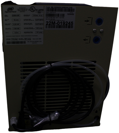 Manufactured In 
 UL 
 Code: 08L.0025ANO.06BOMK.3190 
 ogliano Redipuglia (GO) C 
 Ingersoll Rand 
 Via dell' Artigianato, 34 
 US LISTED 
 34070 ITALY 
 Con: 23231814 
 P.lot: 
 D25IN-SR 
 COOLING FLUID |R134a - 5 oz 
 1206452 
 AIR FLOW 
 15 cfm 
 MAX. TEMP. D'ENTRÉE AIR 140ºF/60℃ 
 525 IN-SR 3/8" NPT 115/1/60 
 BLACMANUFACTURED IN ITALY 
 22M-019245 
 ELES. POW 
 0,22 kW 
 122ºF/50℃ 
 ALIMENTATION 115/1/60 
 MAX PRESS.DENTREE AIR |203 psig 
 TOTAL 
 2.8 A 
 101 psig 
 REFRIGERANT DESIGN PRESSURE - PRESSION RÉFRIGÉRANTE PROGRAMMÉE : 
 SOY BAE 116 psig U ILEve 261 psig] Date code: 2209 
 08L.0025ANO.05BOMK.3190 
 23231814