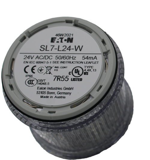 100771475 
 SRS Legacy # / CRef: 
 SL7-L24-W 
 46W2021 
 EAT.N 
 SL7-L24-W 
 24V AC/DC 50/60Hz 54mA 
 100771475 
 STACK LIGHT WHITE LENSE 
 EN IEC 60947-5-1 SEE INSTRUCTION LEAFLET 
 CEES 
 IND. CONT 
 TYPE 
 c 
 UL 
 4,4X, 13 
 PUS 
 IP6 
 CCC 
 7R55 LISTED 
 02-07- 2A 
 GB/T 
 14048.5 
 Eaton Industries GmbH 
 53105 Bonn, Germany 
 Made in Austria