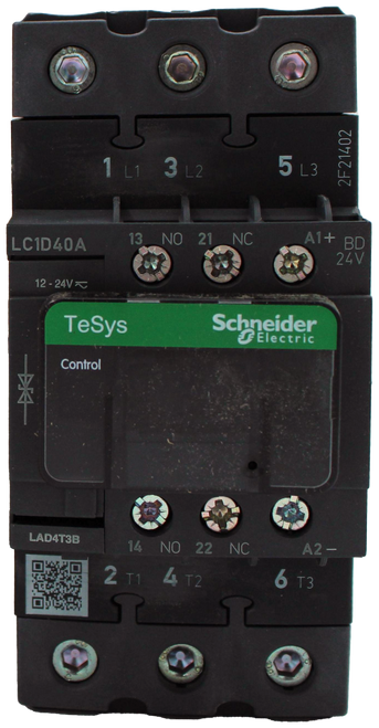 1 L1 3 L2 
 5 L3 
 2F21402 
 LC1D40A 
 13 NO 21 NC 
 A1+ BD 
 24V 
 12- 24V~ 
 TeSys 
 Schneider 
 Electric 
 Control 
 LAD4T3B 
 14 NO 22 NC 
 A2 - 
 2 T1 4 T2 
 6 T3