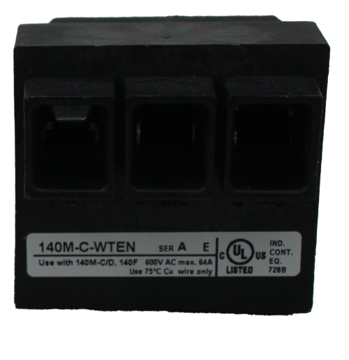100771525 
 SRS Legacy # / CRof: 
 320.936152 
 100771525 
 TERMINAL BLOCK 
 AB 
 Bulletin 
 Rockwell Automation, Ins 
 1201 South 2nd Street 
 140M FEEDER TERMINAL UL TYPE E 
 Milwaukee, WI 63204, USA 
 ANSCHLUSSKLEMME UL TYPE E 
 BORNIER DE RACCORDEMENT UL TYPE 
 FOR USE WITH 
 TERMINALE DI ALIMENTAZIONE UL TYPE E 
 140M-C/-D, 140F 
 BORNA DE CONEXION UL TYPE E 
 140M-C-WTEN 
 Use with 140M-C/D, 140F 600V AC max. 64A 
 SER A 
 E 
 IND. 
 CE 
 c 
 CUL 
 Jus 
 21-582-464.01 
 Use 75℃ Cu wire only 
 Jus CO 
 CONT. 
 ISTED 
 EQ. 
 728B 
 CAT 
 PRODUCT OF SPAIN 
 SER 
 140M-C-WTEN 
 --- Lot 9357 --- 
 A 
 1 
 PEC 
 2077870 
 10662074309976 
 2111