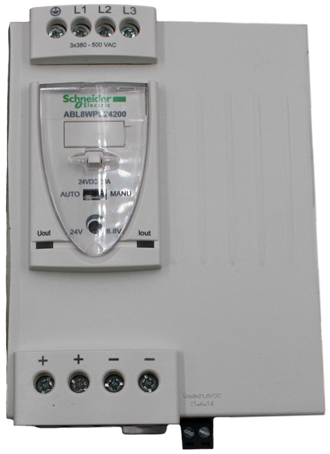 L1 
 13 
 3×380 - 500 VAC 
 Schneider 
 ctric 
 lectric 
 ABL8WP$24200 
 24VDC 2 1A 
 AUTO 
 MANU 
 Uout 
 24V 
 18.8V 
 lout 
 + 
 - 
 Uout>21,6VDC 
 11 __ 14