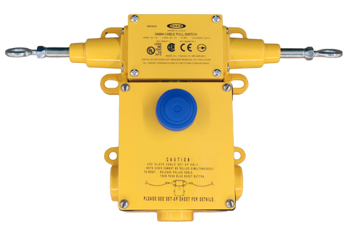 MO323 
 A600, AC 1 
 04964 CABLE PULL SWITCH 
 N300, DC 13 
 DC 13 IF 
 IEC 60947-1: 
 65, UL/HEMA 12/13 
 LISTED 
 (UL) 
 CEO 
 REES, Inc ., Fremont, IN 260-495-9811 
 NSTALLATION DOES NOT BEGLOSS SONS -4 
 ALL MONINION DOES NOT REQUIRE REMOVAL OF THIS COVER 
 ARING TERMINALS ARE IN THE OTHER COMPARTMENT 
 CAUTION 
 USE SLACK CABLE SEE .. 
 BOTH SIDES CANNOT BE PULLED SIMULT 
 A . RELEASE PELLE 
 THEN PUSH BLUE RESET BUTTON. 
 PLEASE SEE SET -UP SHEET FOR DETAILS