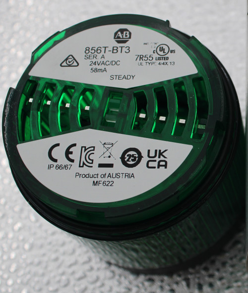 A.B 
 100771654 
 IND 
 856T-BT3 
 c 
 ULUS 
 SER. A 
 SRS Legacy # / CRef: 
 24VAC/DC 
 7R55 LISTED 
 UL TYPE 4/4X/13 
 58mA 
 856T-BT3 
 STEADY 
 100771654 
 70MM LIGHT MODULES, BLACK HOUSING COL( 
 CERCA 
 25 
 LED, GREEN OUTPUT COLOR, STANDARD LEN 
 IP 66/67 
 Product of AUSTRIA 
 MF 622