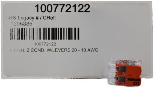 100772122 
 SRS Legacy # / CRef: 
 1206885 
 100772122 
 CONN, 2 COND, W/LEVERS 20 - 10 AWG 
 OL-OZ 
 DIWA 
 WAGO 
 221