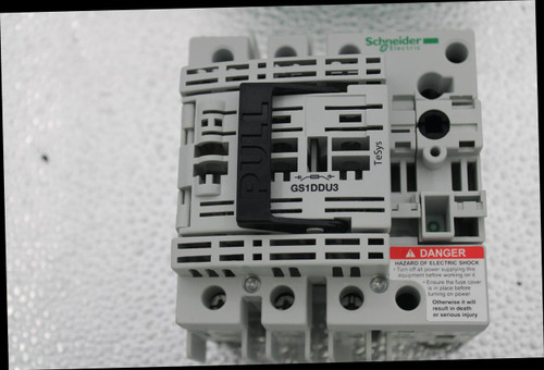 Schneider 
 TeSys 
 GS1DDU3 
 A DANGER 
 HAZARD OF ELECTRIC SHOCK 
 Turn off all power supplying this 
 equipment before working on it 
 · Ensure the fuse cover 
 is in place before 
 turning on power. 
 Otherwise it will 
 result in death 
 or serious injury