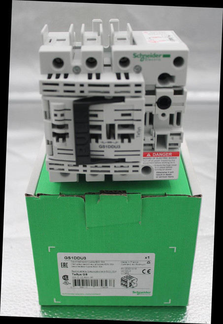 Schneider 
 - 
 GS1DOUS 
 A DANGER 
 HAZARD OF ELECTRIC SHOCK 
 Turn off all power supplying this 
 equipment before working on it 
 . Ensure the fuse cover 
 is in place before 
 turning on power 
 Otherwise it will 
 result in death 
 or serious injury 
 GS1DDU3 
 ×1 
 EAC 
 Disconnect switch fusible 600V 30A 
 de in France 
 Interrupteur sectionneur à fusibles 600V 30A 
 Made 
 Сделано во Франции 
 Desconectador fusible 800V 30A 
 RN-2022-W16 
 Выключатель предохранителя 600V 30А 
 GS1DOU3 
 CE 
 TeSys GS 
 017953 
 30A CI CC 600V 3P 
 389110 
 179538 
 Schneider 
 schneider electric. com/contact