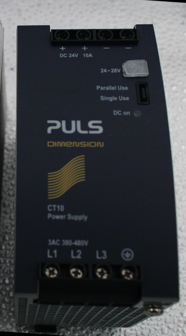 + 
 - 
 DC 24V 10A 
 24-28V 
 Parallel Use 
 100772254 
 Single Use 
 DC on 
 SRS Legacy # / CRef: 
 1145170 
 PULS 
 DIMENSION 
 100772254 
 PWS, 24VDC, 10A, 24.0W, 480VAC 2 OR 3-PHASE 
 CT10 
 Power Supply 
 3AC 380-480V 
 L1 L2 
 L3