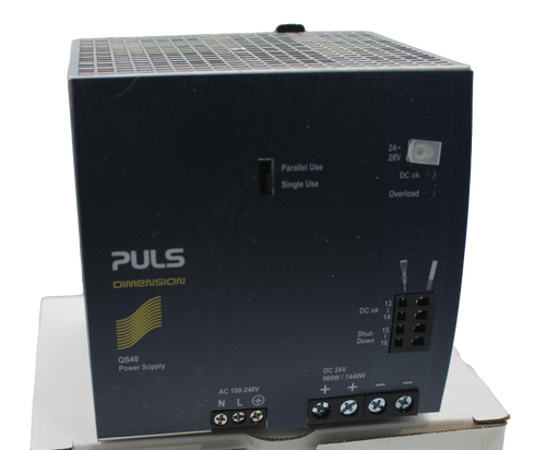 24- 
 28V 
 Parallel Use 
 DC ok 
 Single Use 
 Overload 
 PULS 
 DIMENSION 
 DC ok 
 13 
 Shut- 
 15 
 Down 
 QS40 
 Power Supply 
 DC 24V 
 960W / 1440W 
 AC 100-240V 
 NLG 
 100772258 
 SRS Legacy # / CRef: 
 1205509 
 100772258 
 PWS, 24VDC, 40A, 240VAC. 1-PHASE. 
 CE ERE DE 
 Power Suppe- 
 E: Stromversen 
 PULS 
 QS40.241