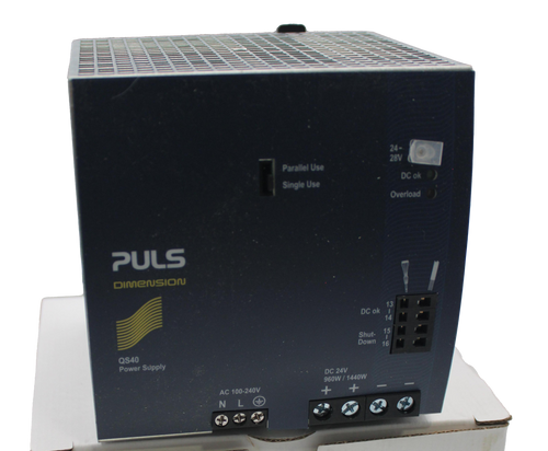 24- 
 28V 
 Parallel Use 
 DC ok 
 Single Use 
 Overload 
 PULS 
 DIMENSION 
 DC ok 
 13 
 Shut- 
 15 
 Down 
 QS40 
 Power Supply 
 DC 24V 
 960W / 1440W 
 AC 100-240V 
 NLG 
 100772258 
 SRS Legacy # / CRef: 
 1205509 
 100772258 
 PWS, 24VDC, 40A, 240VAC. 1-PHASE. 
 CE ERE DE 
 Power Suppe- 
 E: Stromversen 
 PULS 
 QS40.241