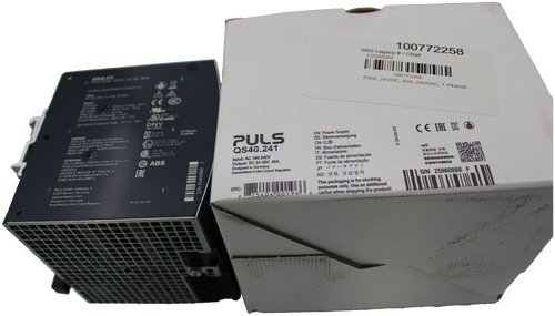 100772258 
 SRS Legacy # / CRef: 
 1205509 
 100772258 
 PWS, 24VDC, 40A, 240VAC, 1-PHASE, 
 CE 
 DNV 
 CB Report 
 Available 
 CE EHL KG 
 WARNING 
 PULS 
 EN: Power Supply 
 READERSCONTROLLED ENVIRONMENT 
 FOR USE IN A SENTIRISTAIENT 
 BERATE VOLTAGE ADJUSTMENT 
 DE: Stromversorgung 
 CHEMIN NON HAZARDOUS 
 Ex 
 ORE SIP JUMPER 
 AREAS ONLY 
 QS40.241 
 CN:电源 
 CRISS IDW 2. IT 
 FR: Bloc d'alimentation 
 IP-384.955.00D 
 ATTENTION 
 GROUPS A. 
 IT: Alimentatore 
 TRELE MANUEL D'INSTALLATION DE QS-10 241 
 质量检验:合格 
 LINE SEHRISATION EN ENVIRONNEMENT 
 POUR UTILISATION EN ENVIE 
 CONTROLE 
 25 
 ABS 
 Input: AC 100-240V 
 捷克共和国制造 
 Output: DC 24-28V, 40A 
 ES: Fuente de alimentación 
 PT: Fonte de alimentação 
 危险场所的安装说明, 
 GLAGE DE TENSION OU 
 UTILISER LE REGLAGE DE TENSION 
 CAVALIER S/P UNIQUEMENT EN 
 Designed in Germany 
 仅适用于中国区域 
 LE CAVALIER JESSIELESTE 
 ZONES NON EXPLOSIBLES 
 Assembled in the Czech Republic 
 JP: パワーサプライ 
 KO: 전원 공급장치 
 S/N 25960888 F 
 PULS GmbH, Elektrastr 6 
 81925 Munich, Germany 
 UPC 
 This packaging is for stocking 
 www. Oulspower 
 www. pulspower.com 
 purposes only. Use an additional 
 S/N 25960888 F 
 Designed in Germany 
 8 
 75404 00196 1 
 6 
 carton when shipping the product! 
 Assembled in the Czech Republic 
 IM-384 920 00F
