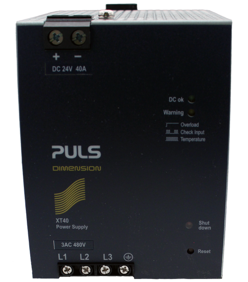 + 
 DC 24V 40A 
 DC ok 
 Warning 
 Overload 
 JULI Check Input 
 JUUL. Temperature 
 PULS 
 DIMENSION 
 XT40 
 Shu 
 Power Supply 
 down 
 3AC 480V 
 Reset 
 L1 
 L2 
 L3 
 100772257 
 SRS Legacy # / CRef: 
 1176618 
 100772257 
 PWS, 24VDC, 40A, 480VAC, 3-PHASE, 
 PULS 
 EN: Semi-Regulated Power Supply 
 DE: Teilgeregelte Stromversorgung 
 XT40.242 
 CN: 半调节电源 
 FR: Alimentation semi-regulée 
 Input: 3AC 480V 
 IT: Alimentatore semiregolato 
 IP-353.955.01A 
 Output: DC 24V, 40A 
 ES: Fuente de alimentación semiregulada 
 Designed in Germany 
 PT: Fonte de alimentação semiregulada 
 Assembled in the Czech Republic 
 JP: 半波整流パワーサプライ 
 KO: semi 인증 전원 공급장치 
 S/N 25277587 D 
 UPC: 
 This packaging is for stocking 
 1 75404 00090 
 purposes only. Use an additional 
 7 
 carton when shipping the product!