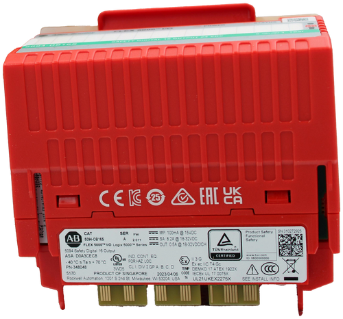 TE. LT 
 SAFETYD 
 AL 16 OUTPUT 
 VDC 
 CEK 2 E 
 CAT 
 SER 
 N 3102729 
 FW 
 = MP: 100mA @ 15VDC 
 Product Safety 
 AB 
 5094-OB16S 
 Functional 
 A 
 2.011 
 === SA: 8.2A @ 18-32VDC 
 Safety 
 FLEX 5000™ I/O Logix 5000™M Series 
 === OUT: 0.5A @ 18-32VDC/CH 
 5094 Safety Digital 16 Output 
 TÜVRheinland 
 ASA DOA3CEC8 
 40 ℃ s Ta ≤ + 70 ℃ 
 c 
 ULUS 
 IND. CONT. EQ 
 3G 
 CERTIFIED 
 www.tuv.com 
 FOR HAZ. LOC. 
 ID 0600000000 
 LISTED 
 Ex 
 PN-348048 
 Ex ec IIC T4 Gc 
 3WD5 
 CL I, DIV 2 GP A, B, C, D 
 ^^ (CCC 
 5170 
 TEMP DEMKO 17 ATEX 1922X 
 PRODUCT OF SINGAPORE 
 2023/04/06 CODE IECEX UL 17.0075X 
 Rockwell Automation, 1201 S 2nd St, Milwaukee. WI 53204. USA T4 
 UL21UKEX2275X 
 SEE INSTALL INFO