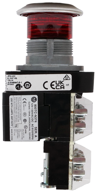 HF 
 CELA 
 A.B 
 800TC-N374 
 SER. A 
 12V-130VAC/DC AC@50/60Hz 
 Current: 13mA, 24VDC/8.5mA, 120VAC 
 CE 60947-5-1 CCC 
 UL LISTED 
 25 
 NOTE: IF USED WITH ORDINARY 
 FOR USE IN HAZ. 
 OC . 
 LOCATION CONTACT BLOCKS, THE 
 AYER CLASS 
 A196 CLASS T 
 WHOLE ASSEMBLY WILL BE RATE 
 FOR USE IN ORDINARY LOCATIONS. 
 T51 
 GROUPS A,B,C 
 ORD 
 SIV. 2 LOC. 
 USE WITH LAMPS: 800T-N376* 
 MADE IN CHINA 
 0 G814048.5 
 ECIEN60947-6-1 
 ND. CONT. EQ. 
 TYPE 4713 
 DA USA 
 LISTED A191
