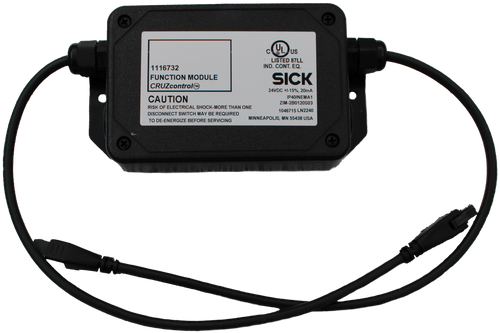 UL 
 Us 
 LISTED 87LL 
 1116732 
 IND. CONT. EQ. 
 FUNCTION MODULE 
 SICK 
 CRUZcontrol(TM) 
 24VDC +/-15%, 20mA 
 CAUTION 
 IP40/NEMA 
 ZIM-2B0120S03 
 RISK OF ELECTRICAL SHOCK-MORE THAN ONE 
 1046715 LN2240 
 DISCONNECT SWITCH MAY BE REQUIRED 
 TO DE-ENERGIZE BEFORE SERVICING 
 MINNEAPOLIS, MN 55438 USA 
 100775507 
 RS Legacy # / CRef: 
 1116732 
 100775507 
 FUNCTION MODULE, RELEASE-W/2X2 CONNECTORS