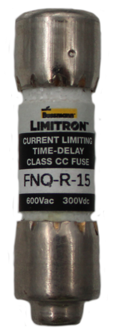 100777533 
 SRS Legacy # / CRef: 
 LIMITRON 
 CURRENT LIMITING 
 TIME-DELAY 
 FNQ-R-15 
 CLASS CC FUSE 
 FNQ-R-15 
 600Vac 300Vdc 
 100777533 
 Midget Time-Delay Class CC Fuse