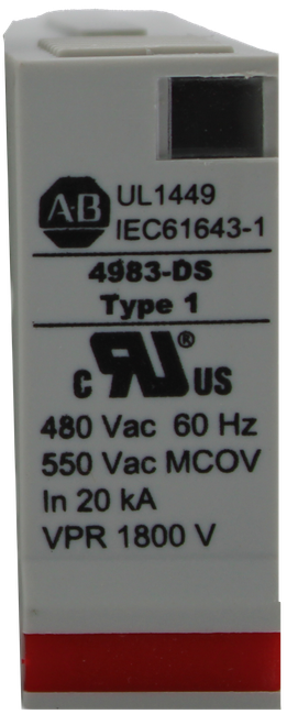 100777542 
 SRS Legacy # / CRef: 
 4983-DS480-40 
 A.B 
 UL 1449 
 100777542 
 IEC61643-1 
 4983-DS 
 4983 SURGE AND FILTER PROTECTION 
 Type 1 
 480 Vac 60 Hz 
 550 Vac MCOV 
 In 20 kA 
 VPR 1800 V