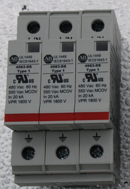 . 
 100779836 
 A-B 
 UL1449 
 A.B 
 UL 1449 
 EC61643-1 
 IEC61643-1 
 A-B UL 1449 
 IEC61643-1 
 SRS Legacy # / CRef: 
 4983-DS 
 4983-DS 
 4983-DS 
 Type 1 
 4983-DS480-403 
 Type 1 
 Type 1 
 c Aus 
 c ASus 
 480 Vac 60 Hz 
 480 Vac 60 Hz 
 480 Vac 60 Hz 
 550 Vac MCOV 
 550 Vac MCOV 
 550 Vac MCOV 
 In 20 kA 
 In 20 kA 
 In 20 kA 
 100779836 
 VPR 1800 V 
 VPR 1800 V 
 VPR 1800 V 
 SURGE SUPPRESSOR - STANDARD DUTY, 3P, 480VAC, DIN 
 RAIL
