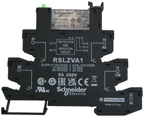 Schneider 
 Electric 
 Made In Chit 
 RSL1AB4BD 
 All us 
 LE 24V == 
 J 6A/250V- 
 EAL CE 
 A1 
 PROTECTION 
 14 
 A10 
 AND 
 LO 14 
 NO 
 A2 0- 
 INDICATION 
 O 11 
 CIRCUIT 
 O12 
 RSLZVA1 
 SUPPLY VOLT 
 12 VAC/DC 
 COIL VOLTAGE 
 24 VAC/DC 
 12 VDC 
 11 
 24 VDC 
 6A 250V 
 COM 
 SAR 
 e 
 EHL LA CE 
 Schneider 
 JElectric 
 Telemecanique 
 Made in China 
 NC