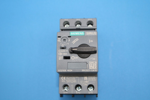 SIEMENS 
 SIRIUS 
 10A 
 max 
 ON 
 TRIPPED 
 8.5 
 E CLASS 10 
 [E ] 130A 
 TEST 
 O OFF 
 G/221026 *E03* 
 3RV2021-1JA10 
 CE 6758 9 1 (2)60 
 ER Manchester 
 ECEx 
 BVS14.0102 [Ex] 
 M20 2UR, UK 
 -20 ℃ST .< 60 
 L1-13/11-13: 
 2/T1 
 4/12 
 6/13