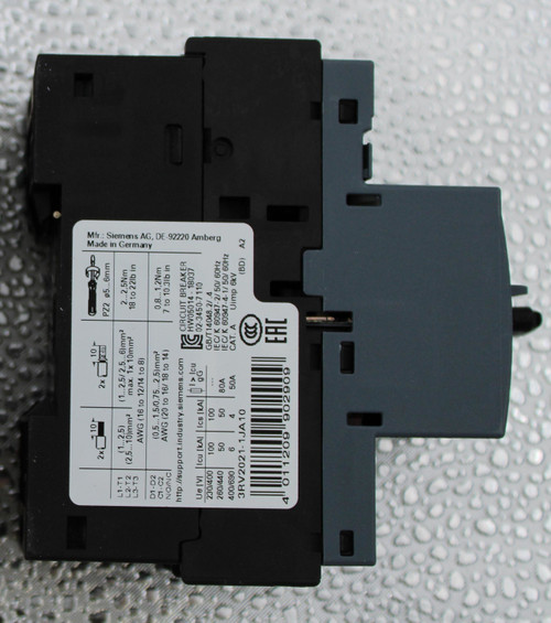 SRS Legacy # / CRef: 
 FOR PROTECTION, CLASS 10, 7-10 A 
 CIRCUIT BREAKER MOTOR - MTR PROTECTO 
 3RV20211JA10 
 100777882 
 100777882 
 Made in Germany 
 Mfr .: Siemens AG, DE-92220 Amberg 
 * 10 
 2x 
 4.10 
 PZ2 ø5 ... 6mm 
 L1 - 11 
 L2-T2 
 . (1 ... 2,5) 
 (2.5 ... 1 
 (1 ... 2,5/ 2,5 ... 6) mm2 
 L3-T 
 .10)mm2 
 max. 1x 10mm2 
 2 ... 2,5Nm 
 18 to 22lb in 
 AWG (16 to 12/14 to 8) 
 D1-D2 
 C1-C2 
 (0,5 ... 1,5/0,75 ... 2,5)mm2 
 0,8 ... 1,2Nm 
 NO/NC 
 AWG (20 to 16/ 18 to 14) 
 to 10 21h in 
 7 to 10.3lb in 
 http://support.industry.siemens.com 
 CIRCUIT BREAKER 
 Ue [V] |cu [KA| | Ics [KA] 
 > Icu 
 AVV05014 - 18037 
 02-3450-7 110 
 230/400 
 100 
 100 
 GB/T14048.2/ .4 
 260/440 
 50 
 50 
 80A 
 IEC/ K 60947-2/ 50/ 60Hz 
 C/ K 60947-4-1/ 50/ 60Hz 
 400/690 
 6 
 4 
 50A 
 CATA 
 Uimp 6kV 
 3RV2021-1JA10 
 1 . A 
 (BD) A2 
 AC 
 4 011209 902909