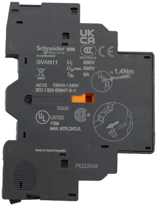 UK 
 CA 
 Schneider 
 Electric 
 CE 
 Do.com/contact 
 GB/T14048.5 
 GVAN11 
 Ui 
 690V 
 Uemax. 690V 
 Ith 
 6A 
 < 1,4Nm 
 AC15 
 720VA / 240V 
 IEC / EN 60947-5-1 
 B600 
 UL 
 LISTED 
 SE 
 170M 
 MAN. MTR.CNTLR. 
 Made in Czech Republic 
 PK22284B