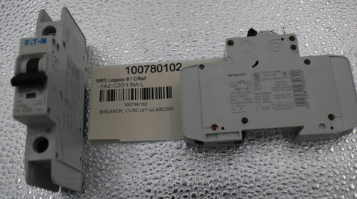 CU 
 E.T.N 
 100780102 
 SRS Legacy # / CRef: 
 FAZ-C20/1-NA-L 
 ISSUE NO. 0042908 
 078026 
 5 
 FAZ-C20/1-NA-L 
 1 POLE UNIT 
 STEP CIRCUIT BREAKER DIS 
 JELA INT. R. 
 min. 0.25 in /6 mm 
 MACR 
 IOLA INT. R 
 CURRENT LIMITING 
 ENMEC 60947-2 
 AWO TORQUE 
 100780102 
 BREAKER, CURCUIT-UL489,20A 
 4 015081