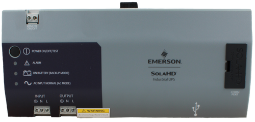 TEMO 
 SOLALD 
 COMMUNICATION 
 POWER ON/OFF/TEST 
 EMERSON 
 ALARM 
 ON BATTERY (BACKUP MODE) 
 SOLAHD™ 
 Industrial UPS 
 AC INPUT NORMAL (AC MODE) 
 COMM 
 INPUT 
 OUTPUT 
 WARNING 
 Do not connect output Neutral to Ground. 
 100785328 
 SRS Legacy # / CRef 
 SDU500B 
 100785328 
 UNINTERRUPTIBLE POWER SUPPLY - UPS, D 
 MOUNT, 500VA, 120V, 10A, SDU AC-B SERIES 
 CIVILIN 
 NOOV LIOU Y 
 YUANE