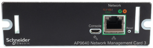 Network 
 10/100/ 
 1000 
 X 
 Console 
 Reset 
 Schneider 
 GElectric 
 AP9640 Network Management Card 3