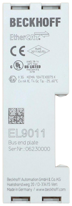 BECKHOFF 
 EtherCAT. 
 CE 201/65/EU 
 AWG 28 -14 
 G UL US LISTED 
 24TB 
 Ex nA NIC T4 Gc Ta: - 25_60 
 EL9011 
 Bus end plate 
 Ser.Nr .: 06230000 
 Beckhoff Automation Gmbh & Co. KG 
 Huelshorstweg 20 / D-33415 Verl 
 Made in Germany / www.beckhoff.com