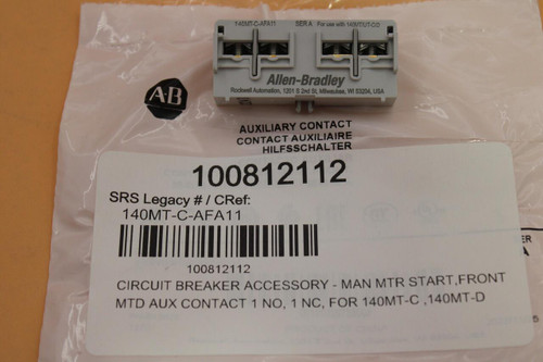 140MT-C-AFA11 
 SERA For use with 140MT/UT-C/D 
 AB 
 Allen-Bradley 
 Rockwell Automation, 1201 S 2nd St, Milwaukee, WI 53204, USA 
 AUXILIARY CONTACT 
 CONTACT AUXILIAIRE 
 HILFSSCHALTER 
 100812112 
 SRS Legacy # / CRef: 
 140MT-C-AFA11 
 ER 
 A 
 100812112 
 CIRCUIT BREAKER ACCESSORY - MAN MTR START, FRONT 
 MTD AUX CONTACT 1 NO, 1 NC, FOR 140MT-C , 140MT-D 
 5