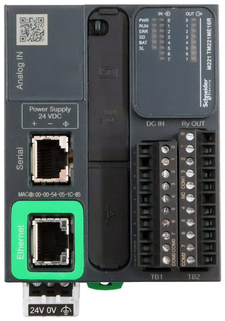 OUT G> 
 PWR 
 RUN 
 ERR 
 2 
 SD 
 BAT 
 SL 
 ------ 
 M221 TM221ME16R 
 Analog IN 
 neider 
 OElectric 
 Power Supply 
 24 VDC 
 + 
 - 
 DC IN 
 Ry OUT 
 E 
 0 
 Serial 
 MAC@:00-00-54-05-1C-85 
 4 
 NC COM1 
 Ethernet 
 COM2 
 COMO COMO 7 
 TB1 
 TB2 
 24V OV