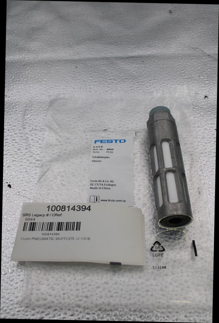FESTO 
 U-1/2-B 
 Mat .- Nr .: 6844 
 Serie: 
 P558 
 Schalldämpfer 
 Silencer 
 Festo AG & Co. KG 
 DE-73734 Esslingen 
 Made in China 
 Di 
 www.festo.com/sp 
 100814394 
 SRS Legacy # / CRef: 
 6844 
 100814394 
 Festo PNEUMATIC MUFFLER, U-1/2-B 
 LOPE 
 213288