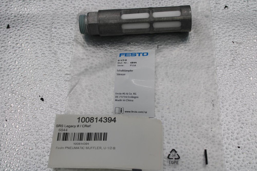 FESTO 
 U-1/2-B 
 Mat .- Nr .: 
 6844 
 Serie: 
 2558 
 Schalldämpfer 
 Silencer 
 Festo AG & Co. KG 
 DE-73734 Esslingen 
 Made in China 
 www.festo.com/sp 
 100814394 
 SRS Legacy # / CRef: 
 6844 
 100814394 
 Festo PNEUMATIC MUFFLER, U-1/2-B 
 LOPE