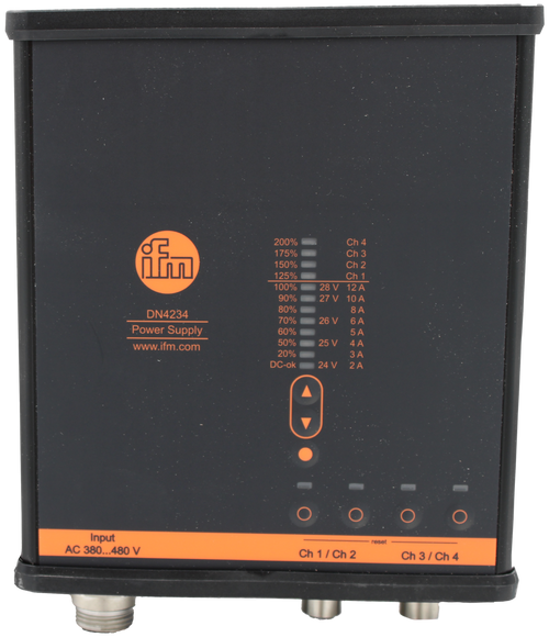 200% 
 U 
 Ch 
 175% 
 Ch 3 
 150% 
 Ch 2 
 125% 
 Ch 1 
 100% 
 28 V 
 90% 
 27 V 
 12 A 
 10 A 
 DN4234 
 80% 
 Power Supply 
 70% 
 26 V 
 8 A 
 6 A 
 60% 
 5 A 
 www.ifm.com 
 50% 
 25 V 
 4 A 
 20% 
 3A 
 DC-ok 
 24 V 
 2 A 
 100816445 
 SRS Legacy # / CRef 
 DN4234 
 100816445 
 POWER SUPPLY - IP67 480VAC TO 24VDC 500W 4 
 CHANNEL E-FUSED 
 Input 
 AC 380 ... 480 V 
 reset 
 Ch 1 / Ch 2 
 Ch 3 / Ch 4
