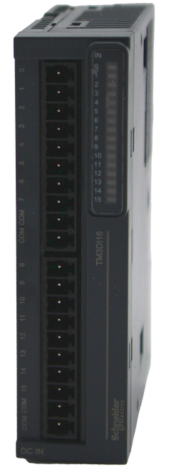 IN 
 1 0 
 8 
 4 3 2 
 9 
 10 
 5 
 11 
 12 
 . 
 13 
 14 
 15 
 COM COM 7 
 . 
 TM3DI16 
 COM COM 15 14 13 12 11 10 9 
 DC IN 
 Schneider