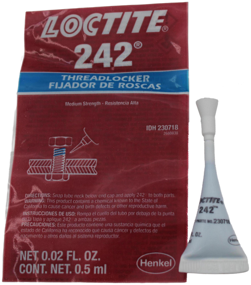 100818675 
 LOCTITE® 
 SRS Legacy # / CRef: 
 1115304 
 242 
 R 
 100818675 
 THREADLOCKER 
 ADHESIVE,LOCTITE 242 REMOVABLE .5 MILLILIT 
 FIJADOR DE ROSCAS 
 #24205 CAPSULE Applied Q#188361 
 Medium Strength - Resistencia Alta 
 IDH 230718 
 2680838 
 DIRECTIONS: Snap tube neck below end cap and apply 242 to both parts. 
 "WARNING: This product contains a chemical known to the State of 
 CTITE- 
 Califorma to cause cancer and birth defects or other reproductive harm. 
 INSTRUCCIONES DE USO: Rompa el cuello del tubo por debajo de la punta 
 242 
 de la tapa y aplique 242 a ambas piezas. 
 PRECAUCIONES: Este producto contiene una sustancia quimica que el 
 2 PARTE NO. 230718 
 estado de California ha reconocido que causa cáncer y defectos de 
 nacimiento u otros daños al sistema reproductor. 
 .A. OZ. 
 Her 
 NET 0.02 FL. OZ. 
 CONT. NET. 0.5 ml 
 Henkel