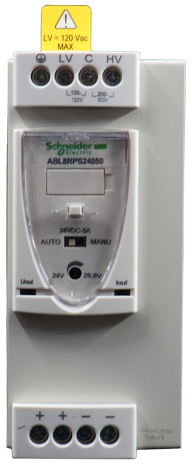 LV = 120 Vac 
 MAX 
 IV 
 C 
 HV 
 100. 
 -200. - J 
 120V 
 Schneider 
 Oflectric 
 ABL8RPS24050 
 24VDC 5A 
 AUTO 
 MANU 
 24V 
 28.8V 
 Uout 
 lout 
 - 
 -