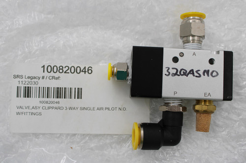 A 
 100820046 
 32QASNO 
 SRS Legacy # / CRef: 
 1122030 
 P 
 EA 
 100820046 
 VALVE,ASY CLIPPARD 3-WAY SINGLE AIR PILOT N.O. 
 W/FITTINGS