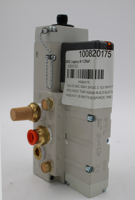 VQC4101-51 
 SUP. 
 0. 2 ~ 1 . OMPa 
 103-1CG 
 MADE IN JAPAN 
 SMC 
 H 
 CE 
 100820175 
 100820175 
 1206332 
 VALVE,SMC 3WAY 24VDC 2.1CV W/FITT 
 POLYSORT TGW VQ4000 BUILD QUOTE 
 VQC4101 .95 WATTS RESPONCE TIME 
 SRS Legacy # / CRef: 
 AW