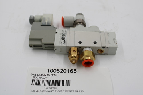 E0040721 
 0. 15-0. 7MPa 
 2/1950 
 120-3DZ-02T-X1 
 SUP. 
 SMC 
 O 
 EB 
 100820165 
 SRS Legacy # / CRef: 
 E0040721 
 100820165 
 VALVE,SMC 4WAY 110VAC W/FITT NBS30
