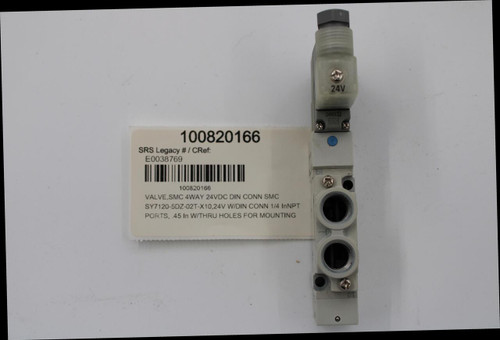 24V 
 24VDCIS 
 SMC 
 100820166 
 SRS Legacy # / CRef: 
 E0038769 
 100820166 
 VALVE,SMC 4WAY 24VDC DIN CONN SMC 
 SY7120-5DZ-02T-X10,24V W/DIN CONN 1/4 InNPT 
 PORTS, . 45 In W/THRU HOLES FOR MOUNTING