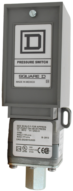 PRESSURE SWITCH 
 SQUARE D 
 MADE IN MEXICO 
 24 
 SEE SCALEA FOR APPROX. 
 OP POINT ON DECR PRESS 
 CL: 9012 TY: GNG-5 
 FRM: 
 RNG:3-150 psig 
 MAX: 475 psig 
 B-2013 
 ORD:20240152820 
 24 
 UL 
 IND 
 CONT EQ 
 LISTED 
 572A