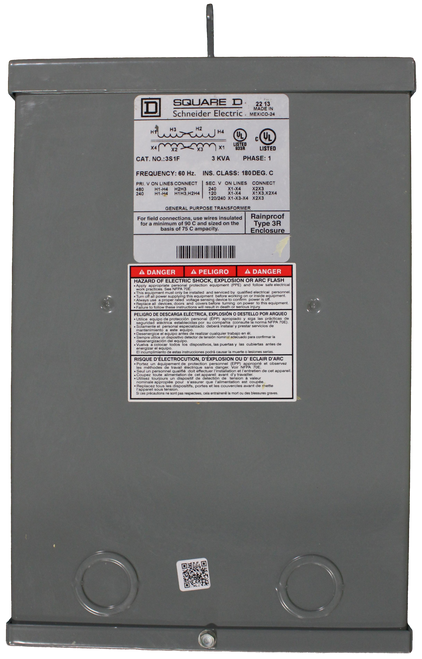 D 
 SQUARE D 
 22 13 
 Schneider Electric . MEXICO-24 
 I 
 UL 
 CUL 
 x4 mozom x1 
 LISTED 
 CAT. NO .: 3S1F 
 3 KVA 
 PHASE: 1 
 FREQUENCY: 60 Hz. 
 INS. CLASS: 180 DEG. 
 PRI. V ON LINES CONNECT 
 480 97:04 H1H3,H2H4 
 SEC. V ON LINES CONNECT 
 320 X1-X4 X1X3,X2X4 
 120/240 X1-X3-X4 X2X3 
 GENERAL PURPOSE TRANSFORMER 
 s, use wires insulated 
 For field connections, use wires insulated 
 Rainproof 
 for a minimum of 90 C and sized on the 
 basis of 75 C ampacity. 
 Type 3R 
 Enclosure 
 Enclosure 
 À DANGER 
 À PELIGRO 
 A DANGER 
 HAZARD OF ELECTRIC SHOCK, EXPLOSION OR ARC FLASH 
 propriate personal protection equipment (PPE) and 
 work practices. See NFPA 70E. 
 : This equipment must only be installed and serviced by qualified electrical personnel 
 : Turn off all power supplying this equipment before working on or inside equipment. 
 Replace all devices, doors and covers besorevturningcon power to thisne 
 - Replace all devices, doors and covers before turning on power to this equipment 
 Failure to follow these 
 low these instructions will result in death or serious injury- 
 PELIGRO DE DESCARGA ELÉCTRICA, EXPLOSIÓN O DESTELLO POR ARQUEO 
 quipo dicer establecidas por su compañía 
 "seguridad eléctrica estab 
 por su compañia (consulte la norma NFPA 70E). 
 pente el personal especializado deberá instalar y prestar servicios 
 · Dasenergice el equipo antes de realizar cualquier trabajo en él. 
 · Siempre utilice un dispositivo detector de tensión nominal adecuado para confirmar la 
 desenergización del equip detector de tension nomin 
 energizar eLocais todos los dispositivos, las puertas y las cubiertas antes de 
 El incumplimiento de estas instrucciones podrá causar la muerte o lesiones serias. 
 RISQUE D'ÉLECTROCUTION, D'EXPLOSION OU D'ECLAIR D'ARC 
 "les méthodes de travail électrique sans danger. Cbir Nappropre et observez 
 . Seul un personnel qualifié doit effectuer l'installatie 
 effectuer l'installation et l'entretien de cet apparei 
 Coupez toute alimentation de cet appareil avant d'y travailler. 
 :Utilisez tourjours un dispositif de detection de tension à valeur 
 nominale appropiée pour s'assurer que l'alimentation est coupée. 
 · Replacez tous les dispositifs, portes et les couvercles avant de mette 
 tension, 
 Si ces précautions ne sont pas respectees, cela entrainenê la mort ou des blessures grave