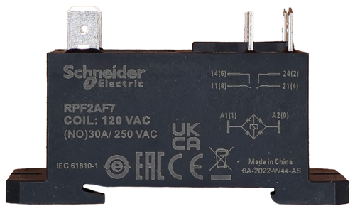 Schneider 
 14(6) 
 24(2) 
 Electric 
 11(8) 
 21(4) 
 RPF2AF7 
 COIL: 120 VAC 
 À1(1) 
 A2(0) 
 (NO)30A/ 250 VAC 
 UK 
 CA 
 ERICE 
 IEC 61810-1 
 e 
 Made in China 
 8A-2022-W44-AS