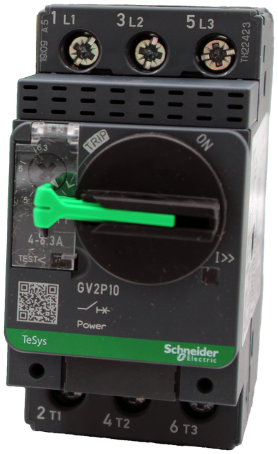1 L1 
 3 L2 
 5 L3 
 TH22423 
 19:09 A5 
 ON 
 46.3 
 TRIP 
 5 
 4-6.3A 
 TEST< TO 
 GV2P10 
 Power 
 TeSys 
 Schneider 
 Electric 
 2 T1 
 4 T2 
 6 T3