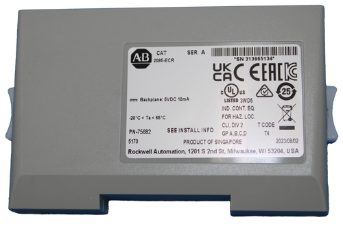 AB 
 CAT 
 SER A 
 2085-ECR 
 *SN 313965134* 
 LAC EERIK 
 CULUS 
 $25 
 Backplane: 5VDC 10mA 
 LISTED 3WD5 
 IND. CONT. EQ. 
 -20℃ < Ta < 65℃ 
 FOR HAZ. LOC. 
 SEE INSTALL INFO 
 CLI, DIV 2 
 T CODE 
 PN-75682 
 GP A,B,C,D 
 T4 
 5170 
 PRODUCT OF SINGAPORE 
 2023/08/02 
 Rockwell Automation, 1201 S 2nd St, Milwaukee, WI 53204, USA
