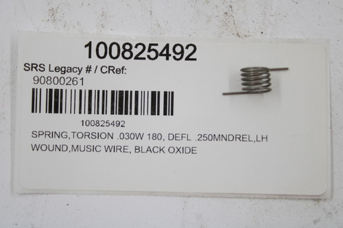 100825492 
 SRS Legacy # / CRef: 
 90800261 
 100825492 
 SPRING, TORSION .030W 180, DEFL .250MNDREL,LH 
 WOUND, MUSIC WIRE, BLACK OXIDE