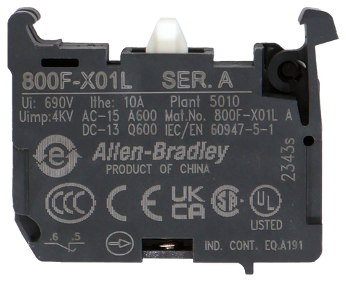 800F-X01L SER. A 
 Ui: 690V H 
 Ithe: 10A Plant 5010 
 Uimp:4KV 
 A 600 M 
 No. 800F-X01L A 
 800F- 
 DC-13 Q600 IEC/EN 60947-5-1 
 e 
 Allen-Bradley 
 PRODUCT OF CHINA 
 2343s 
 CCO CENT L 
 LISTED 
 IND. CONT. EQ.A191